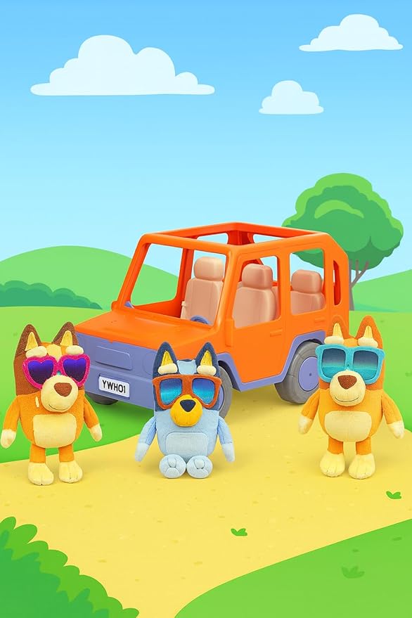 Bluey Big Heeler 4WD and Family Toddler Toy Car, Bingo and Chilli Plush Buddies, Opening Hood Storage, Car Toys for Kids 3+, Amazon Exclusive