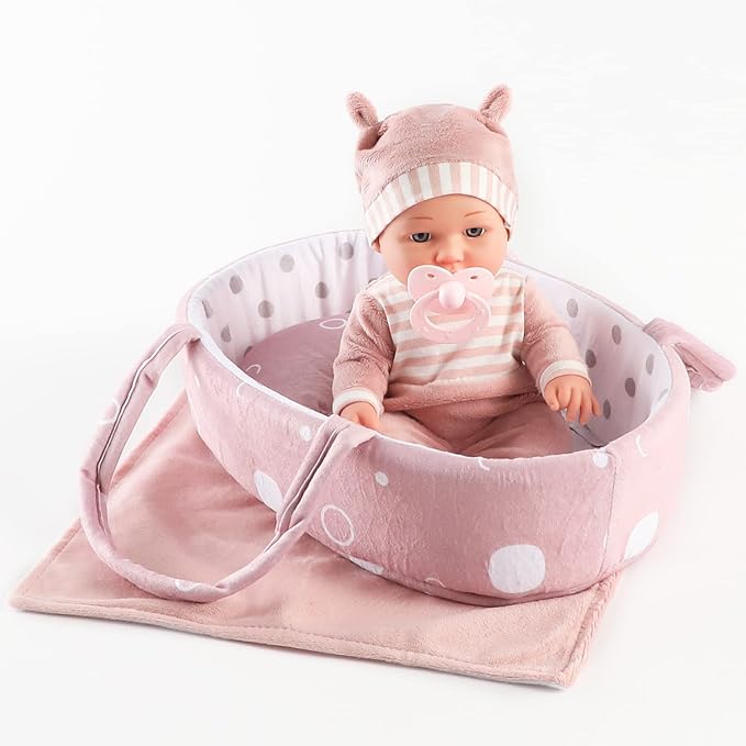 12'' Baby Doll Playset with Washable Doll Accessories Includes Carrier Bassinet Bed, Pacifier, Blanket, and Pillow, First Baby Dolls for Toddlers 36 Months and Up