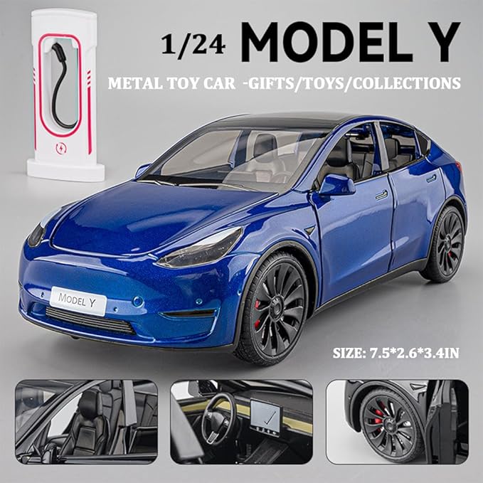 1/24 Scale Diecast Car Model Y, Alloy Diecast Toy Cars Pull Back Toys with Sound & Light, Vehicles Toys for Kids Gift Car Lovers Collection (1/24 Model Y -Blue)