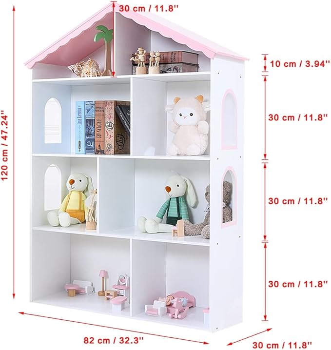 Wooden Dollhouse Bookshelf 4-Tier Children's Bookcase Display Storage Doll House Organizer Furniture for Kids Bedroom Playroom Nursery Kindergarten Gift for Boys Girls Ages 3-8 Years Old