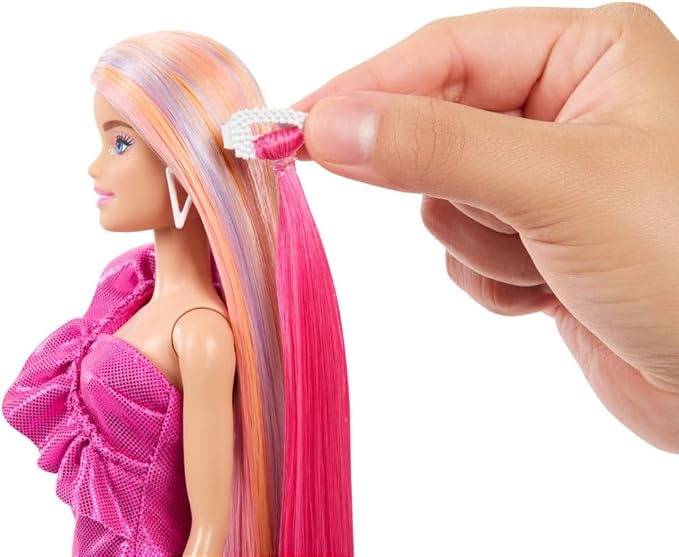 Barbie Doll with Extra-Long Blonde Rainbow Hair & Color-Block Polka Dot Dress, Plus 10 Hair & Fashion Accessories