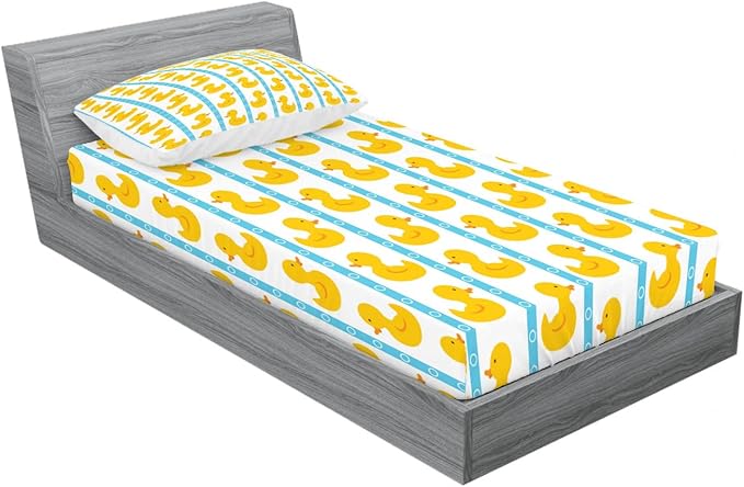 Ambesonne Rubber Duck 2 Pack Fitted Sheet & Pillow Sham Set, Blue Stripes, 4 Pcs Bedding Decor, Package Contains 2 Twin Size Fitted Sheets & 2 Pillow Covers, Blue Yellow