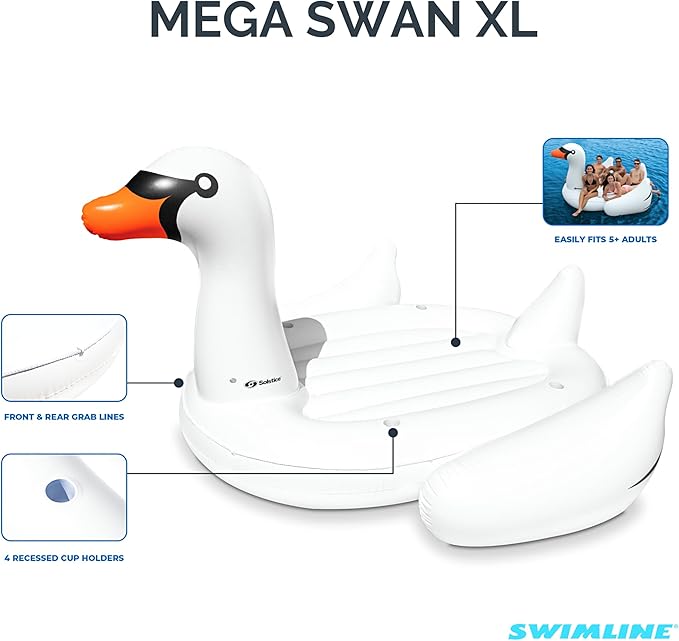 SWIMLINE ORIGINAL 19671 Double Inflatable Swan Pool Float Floatie Ride-On Lounge W/ Stable Legs Wings Large Rideable Blow Up Summer Beach Swimming Party Lounge Big Raft Tube Decoration