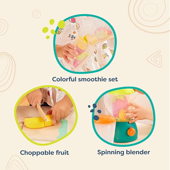 B. Toys-Mini Chef - Fruity Smoothie Playset - Pretend Smoothie Set - Toy Blender & Kitchen Accessories - Food, Cup, Cutting Board, Knife - Role-Play Toys for Kids - 3 Years +