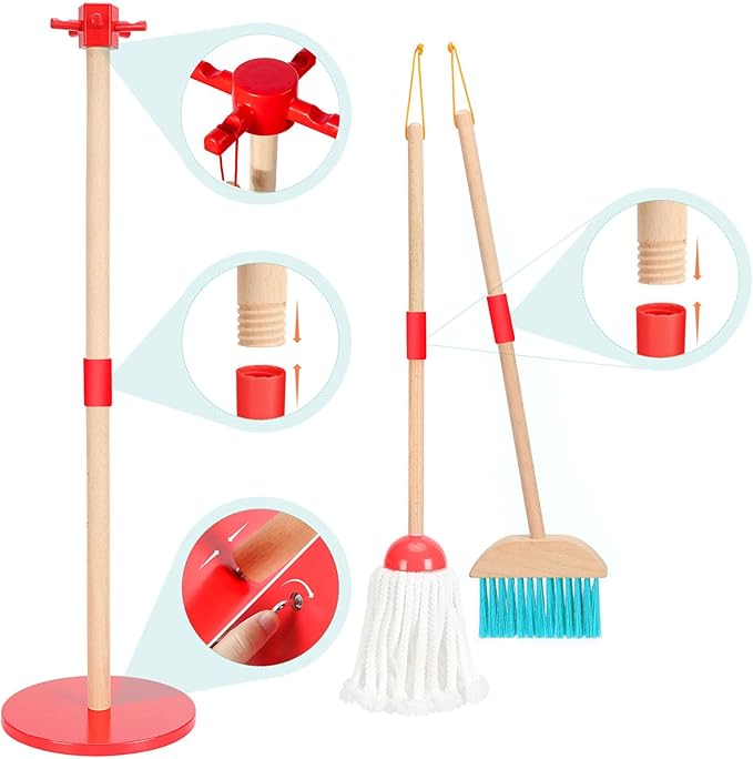 WHOHOLL Kid Cleaning Set, Wooden Toddler Broom Set for Housekeeping, 9 Pcs Kids Broom and Mop Set for Toddlers, Baby Cleaning Toys with Dustpan Sponge, Play Set for Boys and Girls