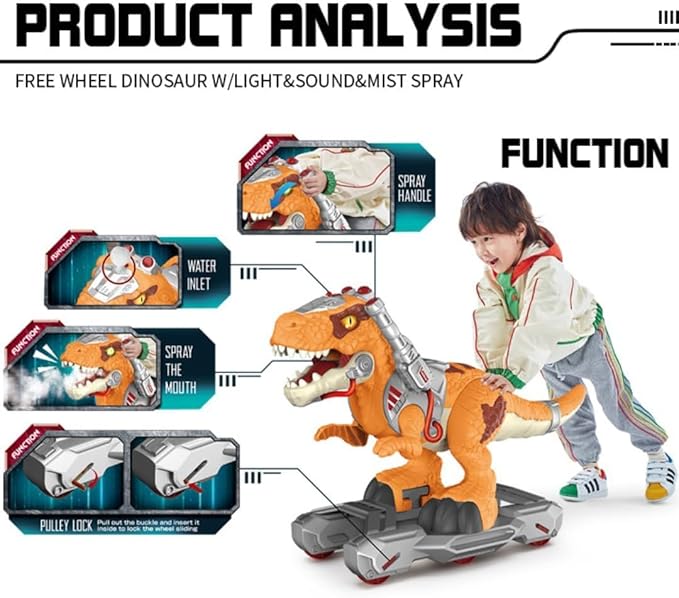 Dinosaur Ride-On Scooter for Toddlers – Electric Push & Ride Foot-to-Floor Sliding Rideable Toy with Music, Lights, Mist Spray for Boys & Girls - Orange (Orange)