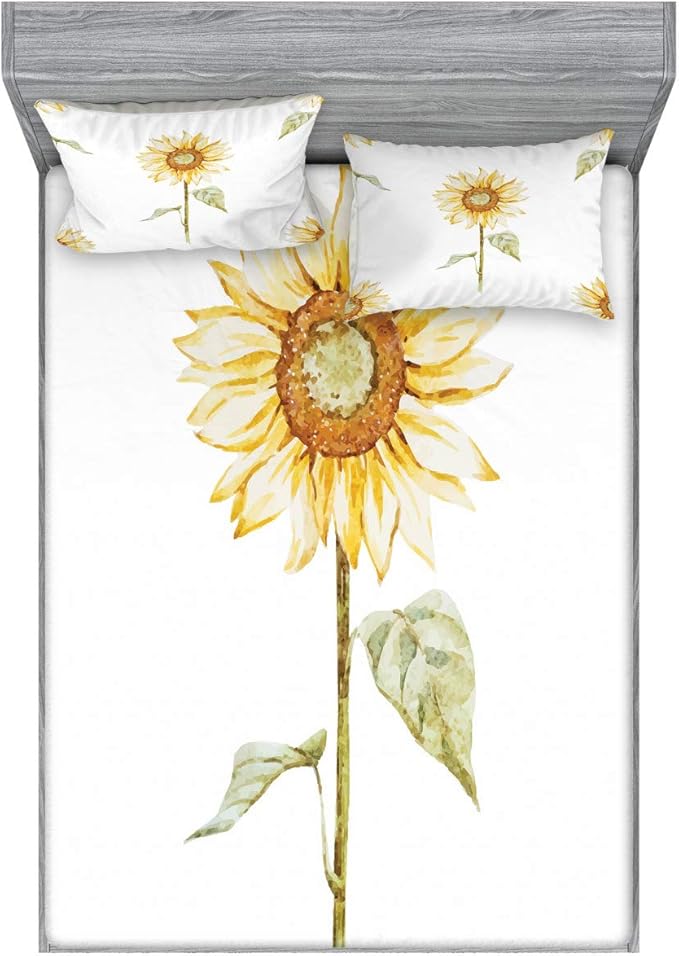 Ambesonne Sunflower Fitted Sheet & Pillow Sham Set, Sunflowers Watercolor Painting Effect and in Minimalistic Design Artwork, Decorative Printed 3 Piece Bedding Decor Set, King, Yellow Green White