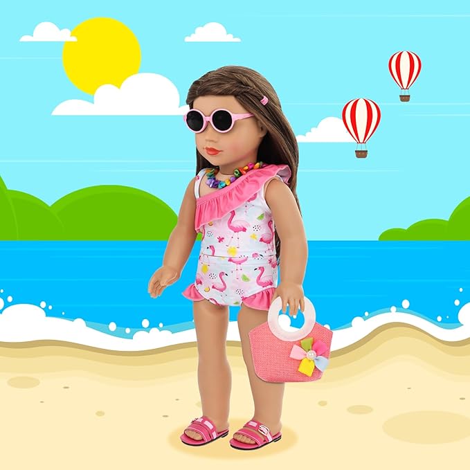 UNICORN ELEMENT 10 Pcs 18 Inch Doll Clothes and Accessories, American 18 Inch Girl Dolls Swimsuits Beach Themed Playsets for 18” Dolls Including Doll Swimsiut, Bag, Sunglasses, Shoes, Necklaces