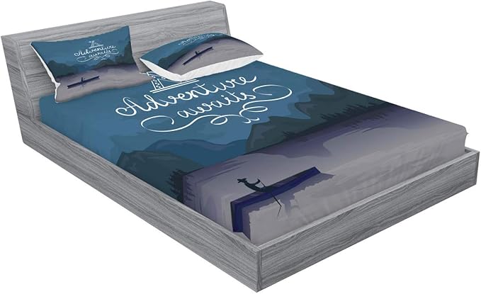 Ambesonne Saying Fitted Sheet & Pillow Sham Set, Kayak in a Mountain Lake at Night Camping Activity Lifestyle Adventure Words, Decorative Printed 3 Piece Bedding Decor Set, King, Purple Grey Teal