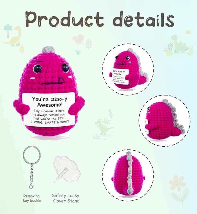 Funny Easter Basket Stuffers Positive Crochet Stuffed Animals Dinosaur, Stress Relief Gifts for College Student Graduation Boyfriend Husband Women Birthday Desk Decor (Hot Pink Dinosaur)