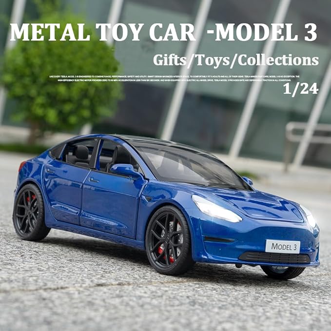 1/24 Scale Diecast Car Model 3, Alloy Diecast Toy Cars Pull Back Toys with Sound & Light, Vehicles Toys for Kids Gift Car Lovers Collection (1/24 Model 3 -Blue)