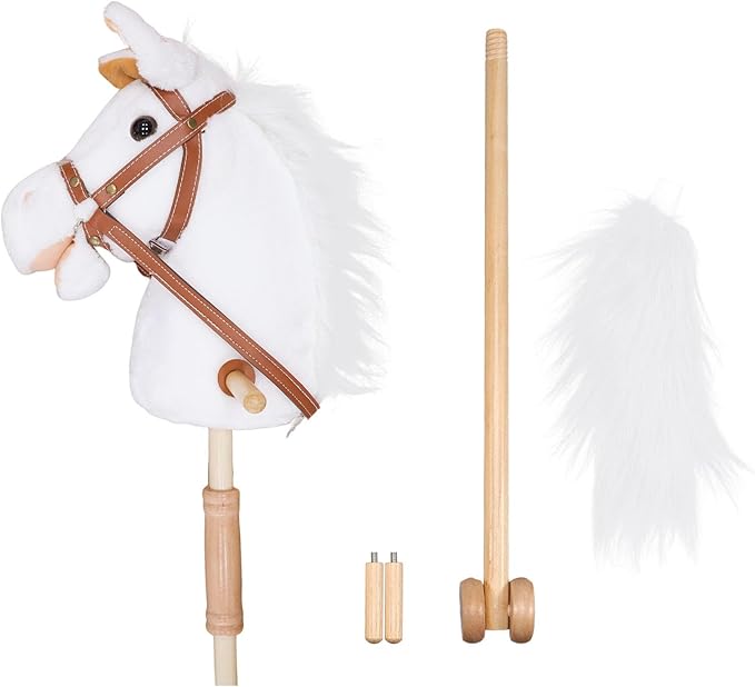 Plush Stick Horse with Wood Wheels Real Pony Neighing and Galloping Sounds Plush Toy, Stick Pony Provides Fun Pretend Play for Toddlers & Preschoolers (AA Batteries Required)