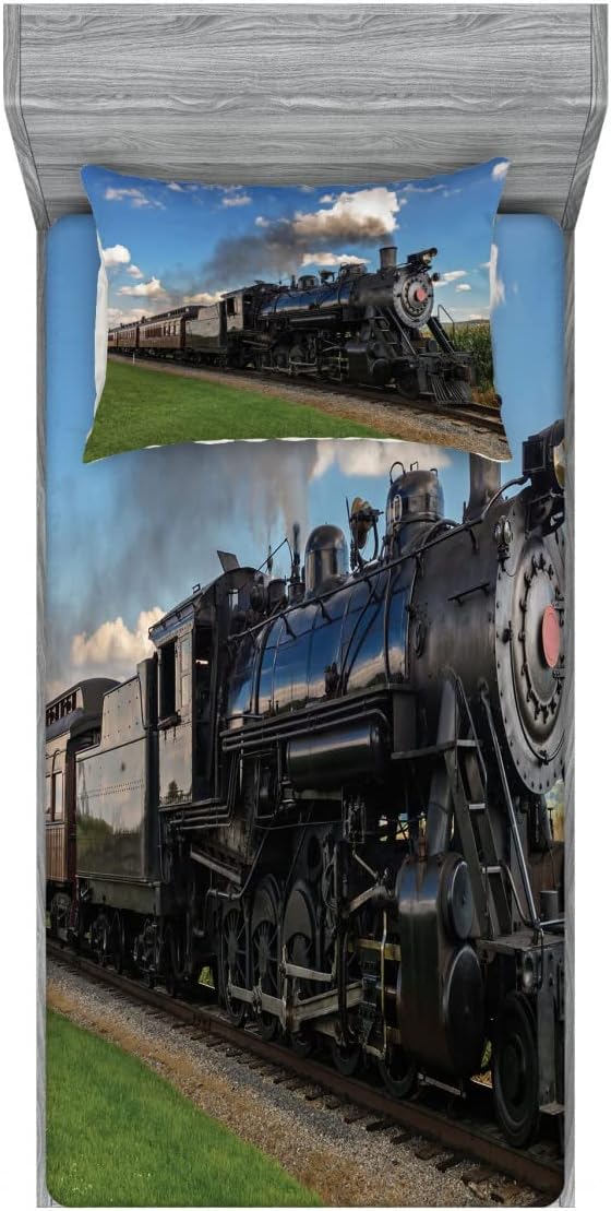 Ambesonne Steam Engine 2 Pack Fitted Sheet & Pillow Sham Set, Countryside Train, 4 Pcs Bedding Decor, Package Contains 2 Twin Size Fitted Sheets & 2 Pillow Covers, Blue Green