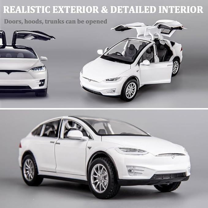 1/24 Scale Diecast Car Model X, Alloy Diecast Toy Cars Pull Back Toys with Sound & Light, Vehicles Toys for Kids Gift Car Lovers Collection (1/24 Model X -White)