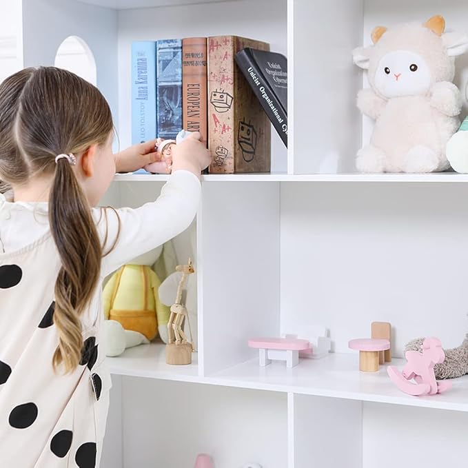 Wooden Dollhouse Bookshelf 4-Tier Children's Bookcase Display Storage Doll House Organizer Furniture for Kids Bedroom Playroom Nursery Kindergarten Gift for Boys Girls Ages 3-8 Years Old