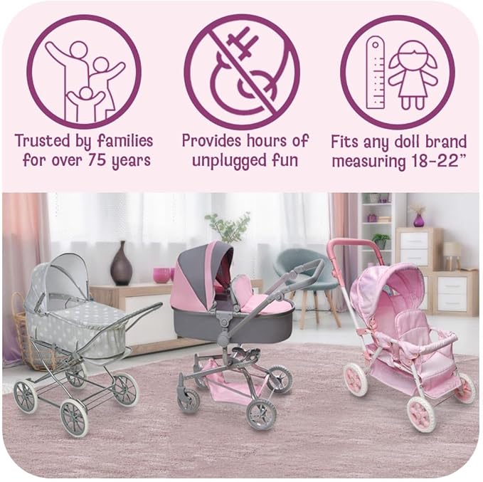 Badger Basket Just Like Mommy 3-in-1 Convertible Doll Pram, Carrier & Stroller - Pink Rosebud - Fits 18 to 22-Inch Dolls