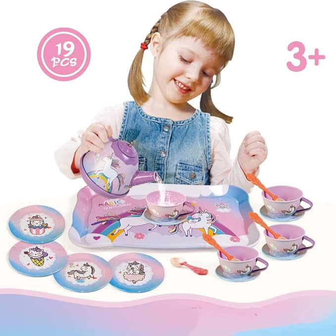19Pcs Unicorn Toys Tea Party Set for Little Girls, Birthday Gift for Age 3 4 5 6 Year Old, Princess Tea Time Set Toys for Little Girls, Kids Toddlers Kitchen Pretend Toy with Tin Tea Set