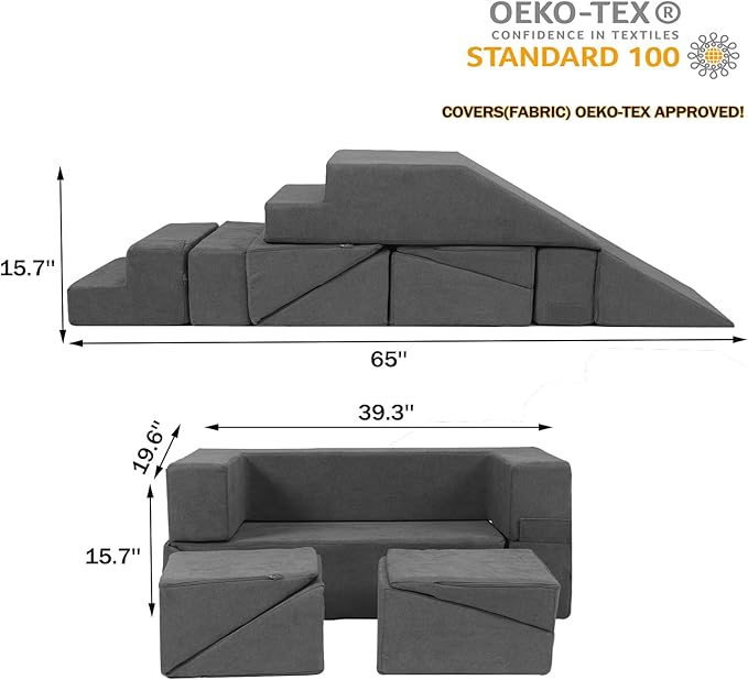 Kids Play Couch Foam Climbing Blocks for Toddlers Sofa Convertible Climbing Toy for Creative Child Girls and Boys Climber Playroom Furniture (Dark Grey)