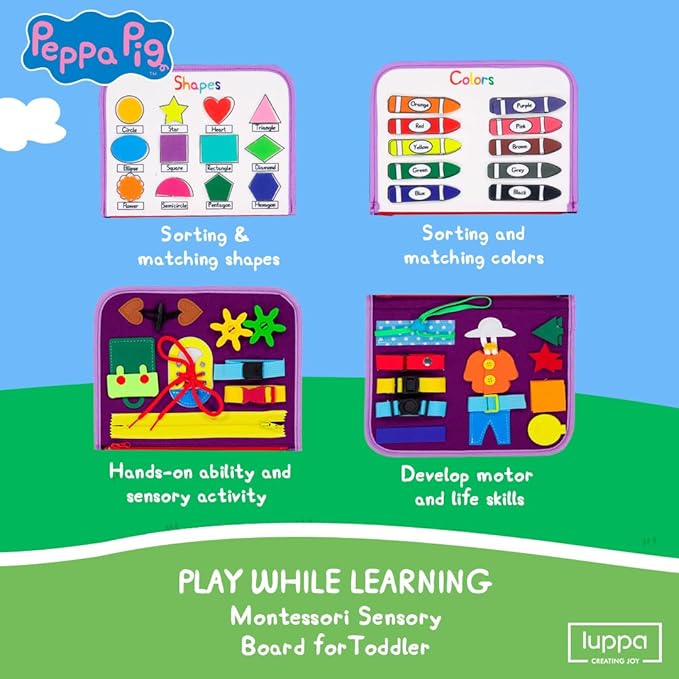 Peppa Pig Toddler Busy Board โ Montessori toys for 1 2 3 4 Year Old, Educational Activity Sensory Board for Preschool Learning Fine Motor Skills, Gift Toys for Boys Girls, Airplane Car Travel Toy