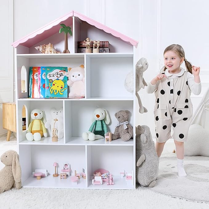 Wooden Dollhouse Bookshelf 4-Tier Children's Bookcase Display Storage Doll House Organizer Furniture for Kids Bedroom Playroom Nursery Kindergarten Gift for Boys Girls Ages 3-8 Years Old