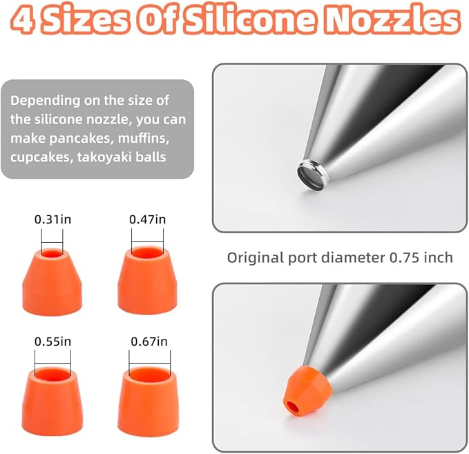 40oz Pancake Batter Dispenser, Stainless Steel Cake Dispenser with 4 Caliber Funnel & Stand, Baking Tools for Pancakes, Cupcakes & Baked Goods