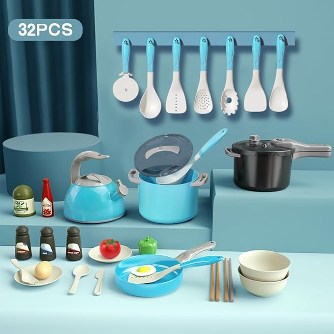 Bruvoalon 32Pcs Kids Play Kitchen Toys Set, Toddlers Pretend Cooking Playset Acccessories with Pots Pans, Utensils Cookware, Foods, Canned Veges, Learning Gift for Kids Girls Boys (Turquoise)
