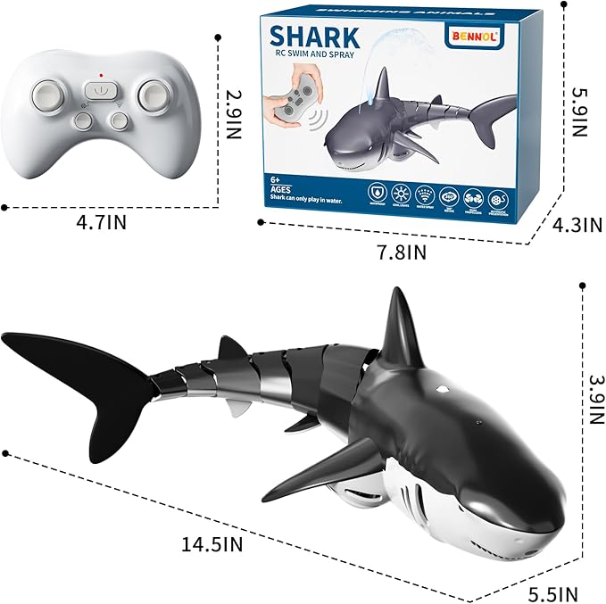Bennol 2.4Ghz Remote Control Shark Toys for Boys Kids, 1:18 Scale High Simulation Shark for Pool, Electric RC Shark Fish Toys with Light & Spray Water Function for 4 5 6 7 8 9 Year olds Kid Boys Girls