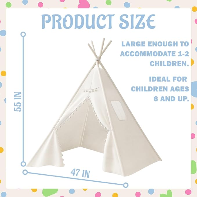 4 PCS Teepee Tent for Kids,Washable Tapered Kids Teepee Tent,Bohemian White Collapsible Sleepover Tents,for Boys and Girls Sleepover Pajamas Party Birthday SPA