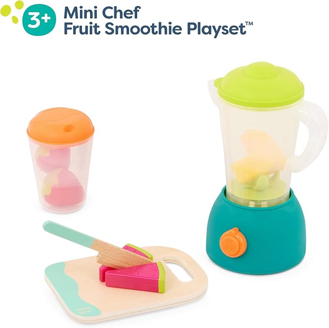 B. Toys-Mini Chef - Fruity Smoothie Playset - Pretend Smoothie Set - Toy Blender & Kitchen Accessories - Food, Cup, Cutting Board, Knife - Role-Play Toys for Kids - 3 Years +