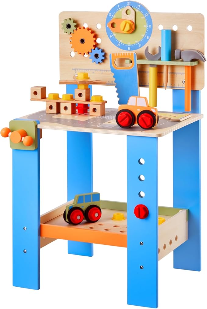VEVOR Kids Workbench, 62 pcs Wooden Tool Bench for Kids 3 Years and Up, Toddler Toy Workbench with Realistic Tools, Building Set Creative & Educational Construction Toy for Boys & Girls