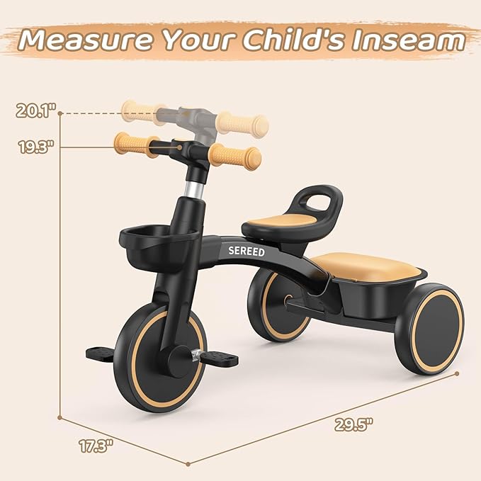 SEREED Toddler Tricycle for 2-5 Years Old Boys Girls, Adjustable Seat&Handlebar Trike, Removable Basket, Birthday Gift Idea for Kids Ages 2+ (Yellow Black)