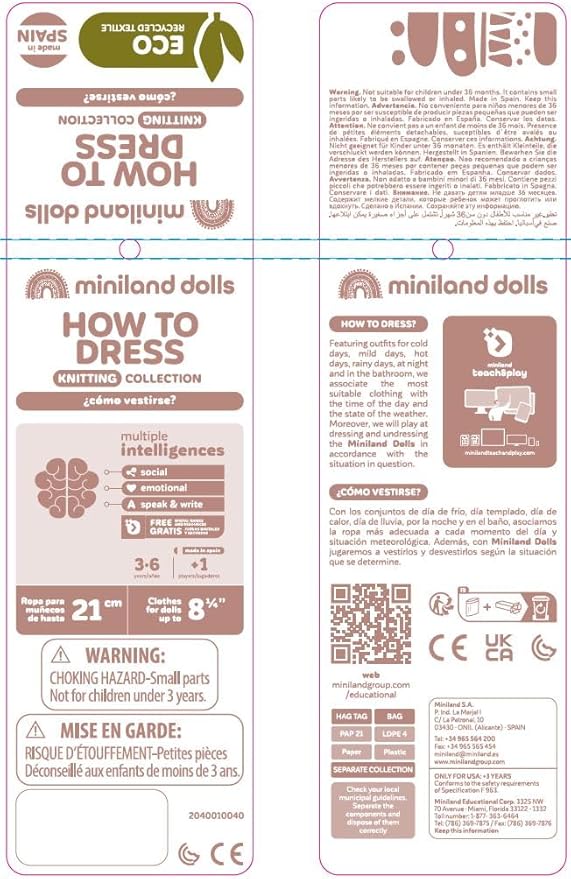 Miniland Clothes for Dolls 8 1/4'' Knitted Outfit Rompers & Headband - ECO, Made in Spain, Quality, Role Play, Educational