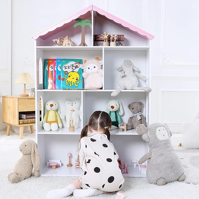 Wooden Dollhouse Bookshelf 4-Tier Children's Bookcase Display Storage Doll House Organizer Furniture for Kids Bedroom Playroom Nursery Kindergarten Gift for Boys Girls Ages 3-8 Years Old