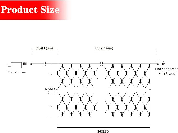AWQ 360 LED 13.1 ft x 6.6 ft String Lights Net Mesh Lights Christmas Net Lights 8 Modes for Christmas Wedding Party Home Garden Lawn Bushes Bedroom Indoor Outdoor Decor (13.1ft x 6.6ft, White)