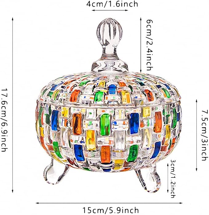 Elegant-Hand Painted Colorful Large Crystal Glass Candy Box,Candy jars with Lid,Storage Jewelry Jar,Candy dish covered,Great Gift for Family Friends-24 oz-Cute Candy servers.