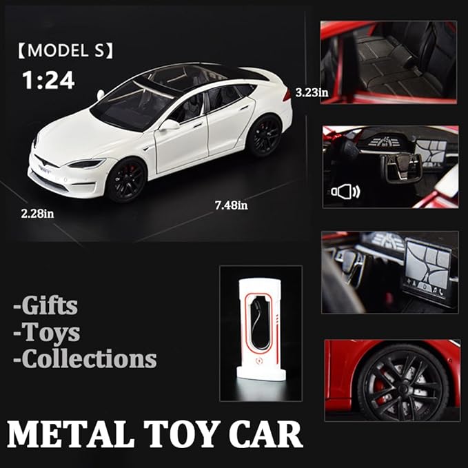 1/24 Scale Diecast Car Model S, Alloy Diecast Toy Cars Pull Back Toys with Sound & Light, Vehicles Toys for Kids Gift Car Lovers Collection (1/24 Model S -White)