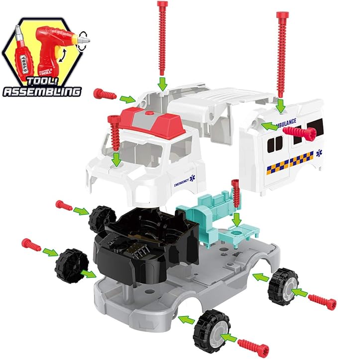 REMOKING Learning Take Apart Toy, Build Your Own Car Toy Ambulance Educational Playset with Tools and Power Drill, DIY Assembly Car Gifts for Kids with Realistic Sounds & Lights (3+ Ages)