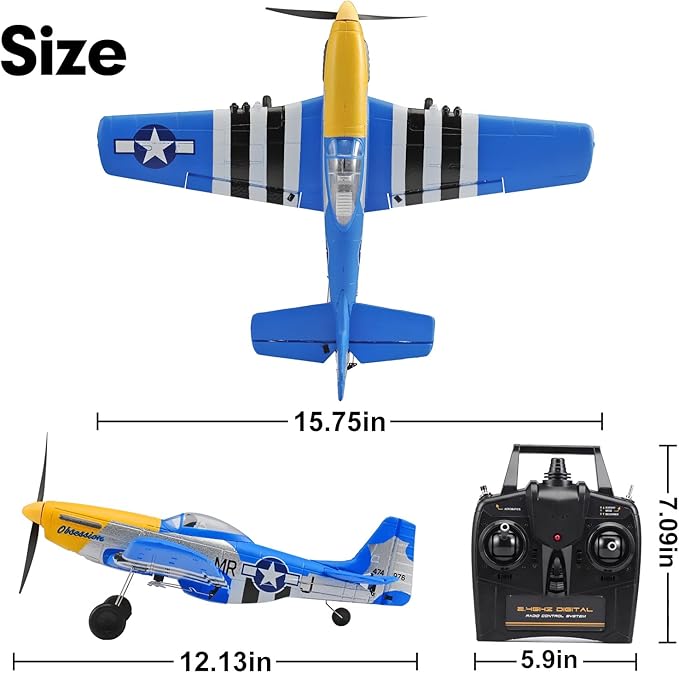 RC Plane for Adults and Kids, 4 Channel Hobby Remote Control Airplane P51 Mustang Fighter with 6-Gyro System for Beginners Learning to Fly