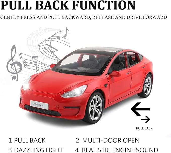 1/24 Scale Diecast Car Model 3, Alloy Diecast Toy Cars Pull Back Toys with Sound & Light, Vehicles Toys for Kids Gift Car Lovers Collection (1/24 Model 3 -Red)