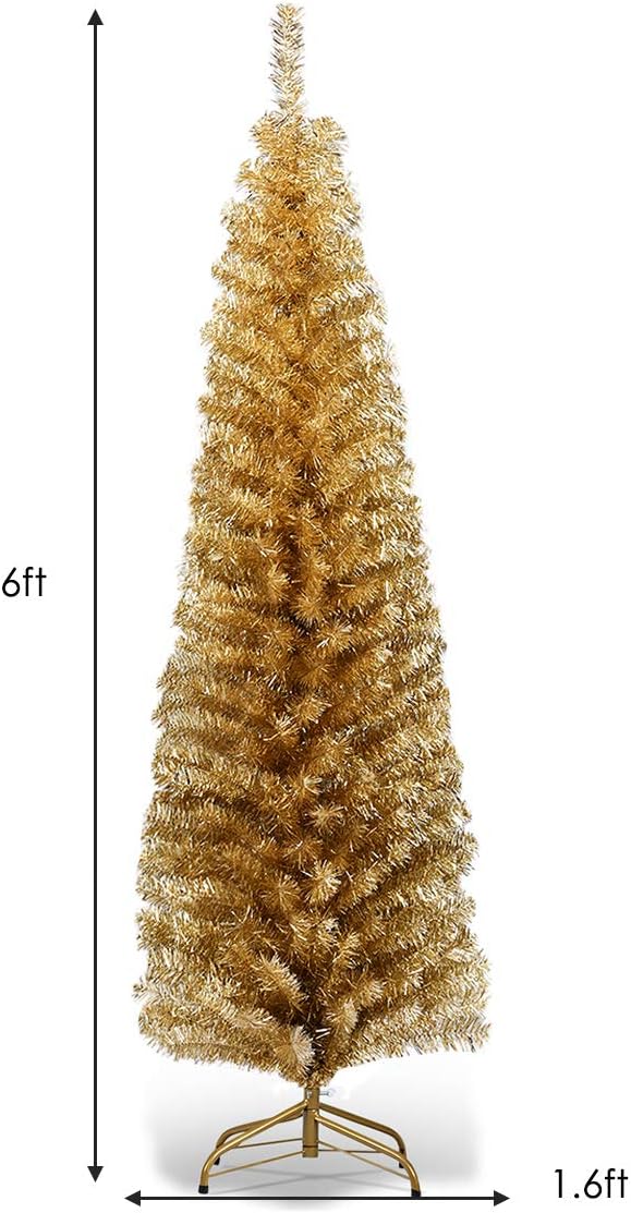 HAPPYGRILL 6 Feet Champagne Pencil Christmas Tree Artificial Slim Christmas Tree Skinny Xmas Tree with Metal Stand, Realistic Unlit Pine Tree with 520 Branch Tips for Indoor Outdoor