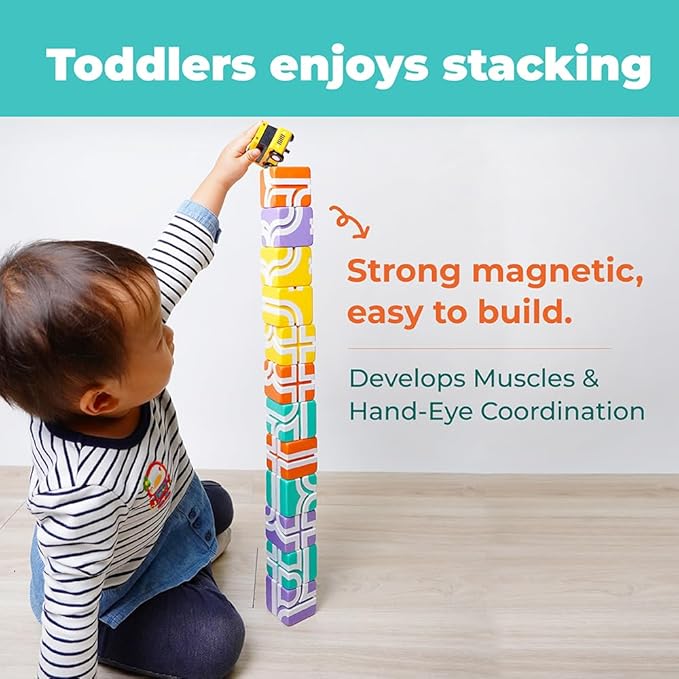 QBI Magnetic Blocks STEM Toys for Toddlers Aged 1+ Year Old Boys & Girls|3D Colorful Magnetic Building Blocks with School Bus|Magnet Block for Kids|Educational & Montessori Preschool Kids Toy (13PCS)