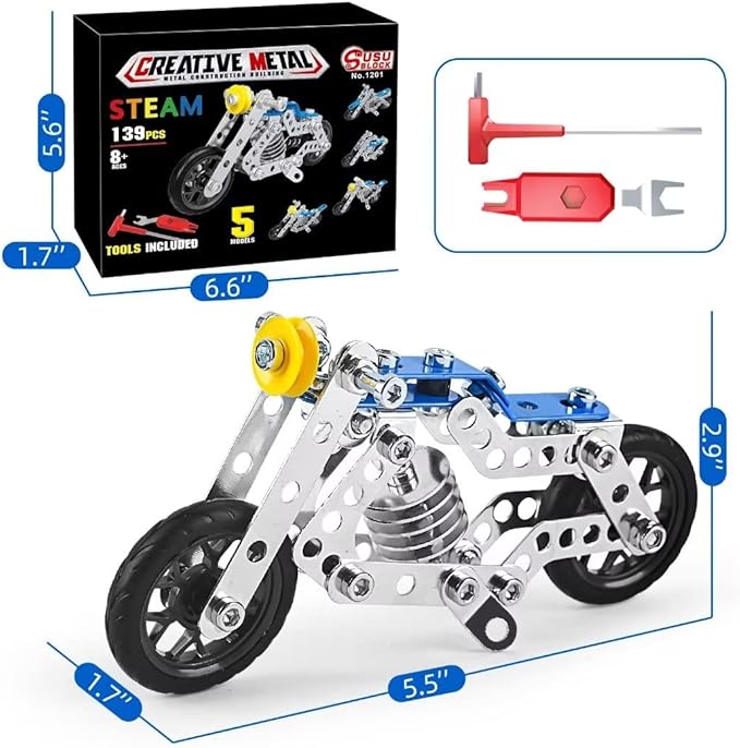 Ferthor Fun Erector Set Motorcycle,Stem Building Projects Toys for Kids 8 9 10 11 12+ Year Old,Metal Building Construction Model kit, 5 in 1 Motobike Building Blocks Steam Educational Toys(139PCS)