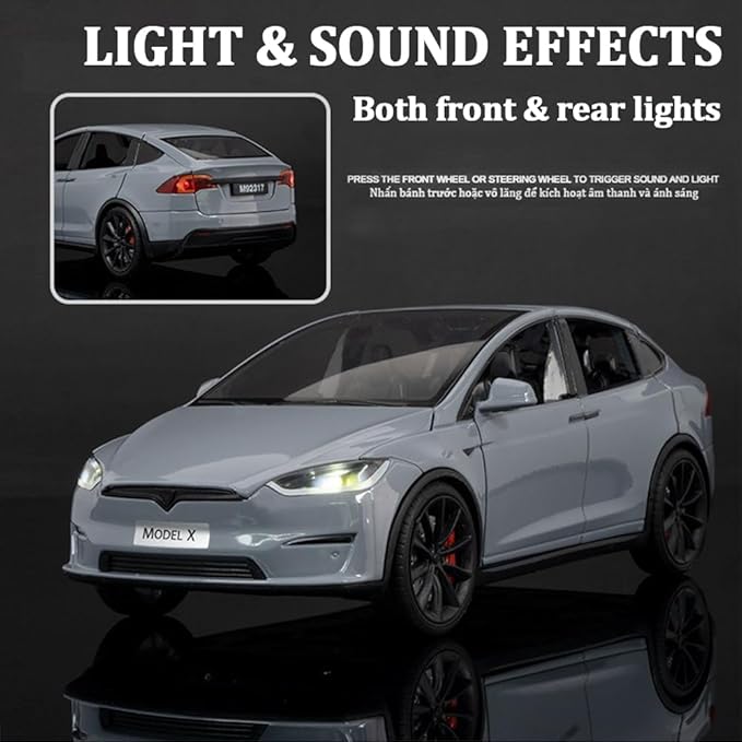 1/24 Scale Diecast Car Model X, Alloy Diecast Toy Cars Pull Back Toys with Sound & Light, Vehicles Toys for Kids Gift Car Lovers Collection (1/24 Model X -Black)