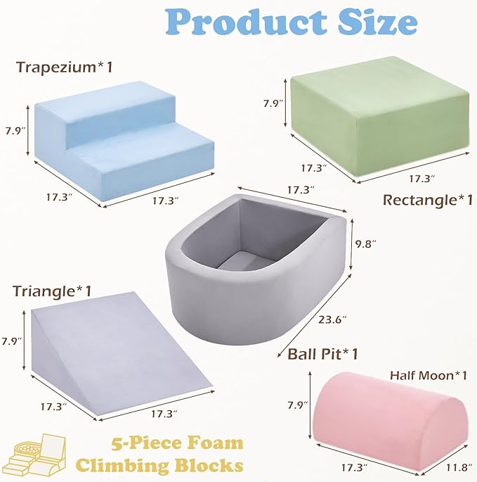 Climbing Toys for Toddlers 1-3, Foam Climbing Blocks with Ball Pit for Baby, 5-Piece Soft Toddlers Climbing Toy Indoor,Climbing Crawling Toys Soft Foam Blocks Activity Play Set(Balls not Included)