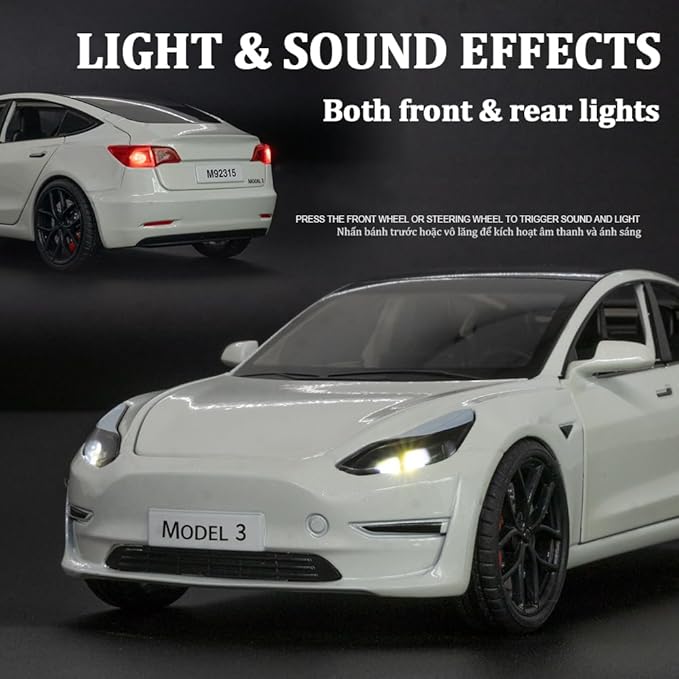 1/24 Scale Diecast Car Model 3, Alloy Diecast Toy Cars Pull Back Toys with Sound & Light, Vehicles Toys for Kids Gift Car Lovers Collection (1/24 Model 3 -White)