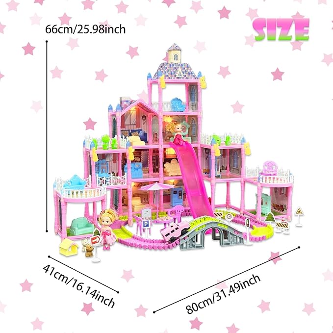 Dream Dollhouse, Racing Track, Dolls House playset with Toy Furniture and 4 Level Slide, Furniture, 1 Doll and 1 Buggy Toy and 10+ Tracks Pet and Puppy Play Area 13 Rooms