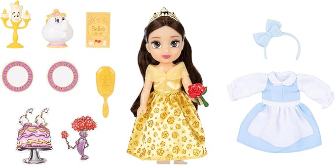 Disney Princess Belle Doll Be Our Guest Petite Belle Doll with Mrs. Potts & Lumiere, in Yellow Ball Gown and Blue Village Dress Fashions