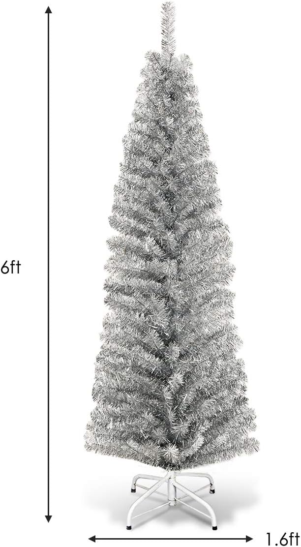 HAPPYGRILL 6 Feet Sliver Pencil Christmas Tree Artificial Slim Christmas Tree Skinny Xmas Tree with Metal Stand, Realistic Unlit Pine Tree with 520 Branch Tips for Indoor Outdoor