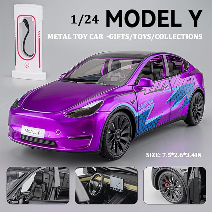 1/24 Scale Diecast Car Model Y, Alloy Diecast Toy Cars Pull Back Toys with Sound & Light, Vehicles Toys for Kids Gift Car Lovers Collection (1/24 Model Y -Purple)
