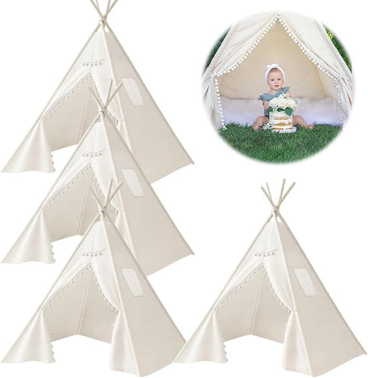 4 PCS Teepee Tent for Kids,Washable Tapered Kids Teepee Tent,Bohemian White Collapsible Sleepover Tents,for Boys and Girls Sleepover Pajamas Party Birthday SPA